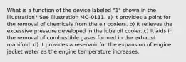 What is a function of the device labeled "1" shown in the illustration? See illustration MO-0111. a) It provides a point for the removal of chemicals from the air coolers. b) It relieves the excessive pressure developed in the lube oil cooler. c) It aids in the removal of combustible gases formed in the exhaust manifold. d) It provides a reservoir for the expansion of engine jacket water as the engine temperature increases.