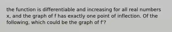 the function is differentiable and increasing for all real numbers x, and the graph of f has exactly one point of inflection. Of the following, which could be the graph of f'?