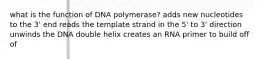 what is the function of DNA polymerase? adds new nucleotides to the 3' end reads the template strand in the 5' to 3' direction unwinds the DNA double helix creates an RNA primer to build off of