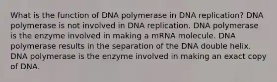 What is the function of DNA polymerase in DNA replication? DNA polymerase is not involved in DNA replication. DNA polymerase is the enzyme involved in making a mRNA molecule. DNA polymerase results in the separation of the DNA double helix. DNA polymerase is the enzyme involved in making an exact copy of DNA.