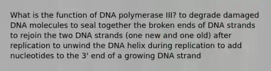 What is the function of DNA polymerase III? to degrade damaged DNA molecules to seal together the broken ends of DNA strands to rejoin the two DNA strands (one new and one old) after replication to unwind the DNA helix during replication to add nucleotides to the 3' end of a growing DNA strand