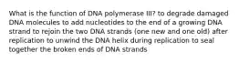 What is the function of DNA polymerase III? to degrade damaged DNA molecules to add nucleotides to the end of a growing DNA strand to rejoin the two DNA strands (one new and one old) after replication to unwind the DNA helix during replication to seal together the broken ends of DNA strands