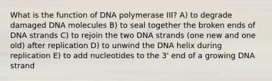 What is the function of DNA polymerase III? A) to degrade damaged DNA molecules B) to seal together the broken ends of DNA strands C) to rejoin the two DNA strands (one new and one old) after replication D) to unwind the DNA helix during replication E) to add nucleotides to the 3' end of a growing DNA strand