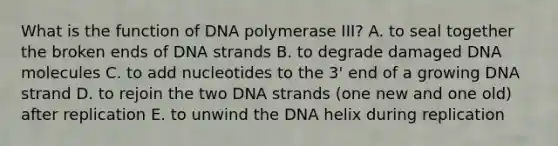 What is the function of DNA polymerase III? A. to seal together the broken ends of DNA strands B. to degrade damaged DNA molecules C. to add nucleotides to the 3' end of a growing DNA strand D. to rejoin the two DNA strands (one new and one old) after replication E. to unwind the DNA helix during replication