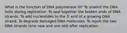 What is the function of DNA polymerase III? To unwind the DNA helix during replication. To seal together the broken ends of DNA strands. To add nucleotides to the 3' end of a growing DNA strand. To degrade damaged DNA molecules. To rejoin the two DNA strands (one new and one old) after replication.