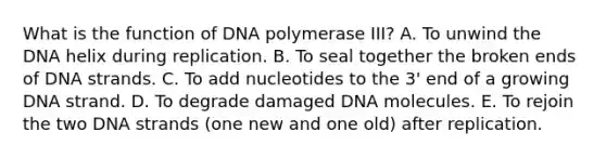 What is the function of DNA polymerase III? A. To unwind the DNA helix during replication. B. To seal together the broken ends of DNA strands. C. To add nucleotides to the 3' end of a growing DNA strand. D. To degrade damaged DNA molecules. E. To rejoin the two DNA strands (one new and one old) after replication.