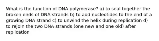 What is the function of DNA polymerase? a) to seal together the broken ends of DNA strands b) to add nucleotides to the end of a growing DNA strand c) to unwind the helix during replication d) to rejoin the two DNA strands (one new and one old) after replication