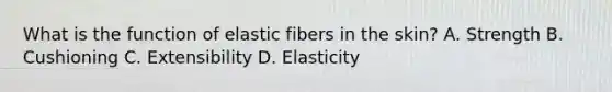 What is the function of elastic fibers in the skin? A. Strength B. Cushioning C. Extensibility D. Elasticity