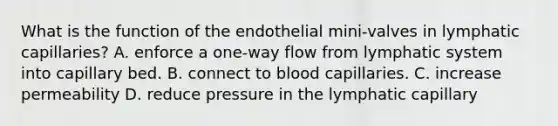 What is the function of the endothelial mini-valves in lymphatic capillaries? A. enforce a one-way flow from lymphatic system into capillary bed. B. connect to blood capillaries. C. increase permeability D. reduce pressure in the lymphatic capillary