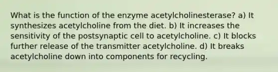 What is the function of the enzyme acetylcholinesterase? a) It synthesizes acetylcholine from the diet. b) It increases the sensitivity of the postsynaptic cell to acetylcholine. c) It blocks further release of the transmitter acetylcholine. d) It breaks acetylcholine down into components for recycling.