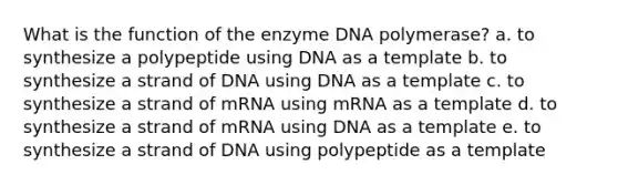 What is the function of the enzyme DNA polymerase? a. to synthesize a polypeptide using DNA as a template b. to synthesize a strand of DNA using DNA as a template c. to synthesize a strand of mRNA using mRNA as a template d. to synthesize a strand of mRNA using DNA as a template e. to synthesize a strand of DNA using polypeptide as a template