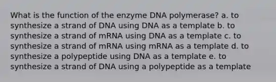 What is the function of the enzyme DNA polymerase? a. to synthesize a strand of DNA using DNA as a template b. to synthesize a strand of mRNA using DNA as a template c. to synthesize a strand of mRNA using mRNA as a template d. to synthesize a polypeptide using DNA as a template e. to synthesize a strand of DNA using a polypeptide as a template