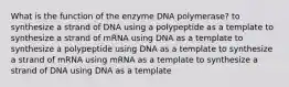 What is the function of the enzyme DNA polymerase? to synthesize a strand of DNA using a polypeptide as a template to synthesize a strand of mRNA using DNA as a template to synthesize a polypeptide using DNA as a template to synthesize a strand of mRNA using mRNA as a template to synthesize a strand of DNA using DNA as a template