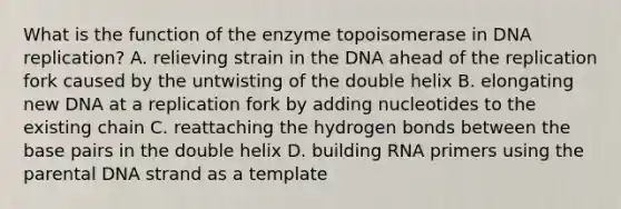 What is the function of the enzyme topoisomerase in DNA replication? A. relieving strain in the DNA ahead of the replication fork caused by the untwisting of the double helix B. elongating new DNA at a replication fork by adding nucleotides to the existing chain C. reattaching the hydrogen bonds between the base pairs in the double helix D. building RNA primers using the parental DNA strand as a template