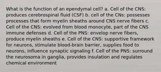 What is the function of an ependymal cell? a. Cell of the CNS: produces cerebrospinal fluid (CSF) b. cell of the CNs: possesses processes that form myelin sheaths around CNS nerve fibers c. Cell of the CNS: evolved from blood monocyte, part of the CNS immune defenses d. Cell of the PNS: envelop nerve fibers, produce myelin sheaths e. Cell of the CNS: supportive framework for neurons, stimulate blood-brain barrier, supplies food to neurons, influence synaptic signaling f. Cell of the PNS: surround the neurosoma in ganglia, provides insulation and regulates chemical environment