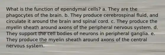 What is the function of ependymal cells? a. They are the phagocytes of <a href='https://www.questionai.com/knowledge/kLMtJeqKp6-the-brain' class='anchor-knowledge'>the brain</a>. b. They produce cerebrospinal fluid, and circulate it around the brain and spinal cord. c. They produce the myelin sheath around axons of the peripheral <a href='https://www.questionai.com/knowledge/kThdVqrsqy-nervous-system' class='anchor-knowledge'>nervous system</a>. d. They support the cell bodies of neurons in peripheral ganglia. e. They produce the myelin sheath around axons of the central nervous system.