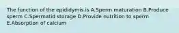 The function of the epididymis is A.Sperm maturation B.Produce sperm C.Spermatid storage D.Provide nutrition to sperm E.Absorption of calcium