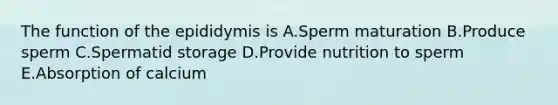 The function of the epididymis is A.Sperm maturation B.Produce sperm C.Spermatid storage D.Provide nutrition to sperm E.Absorption of calcium