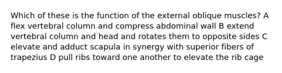 Which of these is the function of the external oblique muscles? A flex vertebral column and compress abdominal wall B extend vertebral column and head and rotates them to opposite sides C elevate and adduct scapula in synergy with superior fibers of trapezius D pull ribs toward one another to elevate the rib cage