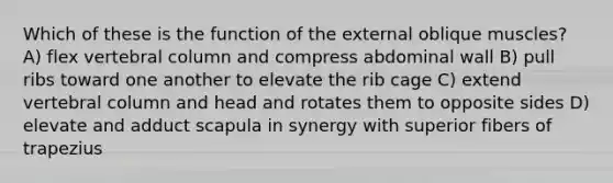 Which of these is the function of the external oblique muscles? A) flex <a href='https://www.questionai.com/knowledge/ki4fsP39zf-vertebral-column' class='anchor-knowledge'>vertebral column</a> and compress abdominal wall B) pull ribs toward one another to elevate the rib cage C) extend vertebral column and head and rotates them to opposite sides D) elevate and adduct scapula in synergy with superior fibers of trapezius