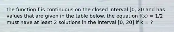 the function f is continuous on the closed interval [0, 20 and has values that are given in the table below. the equation f(x) = 1/2 must have at least 2 solutions in the interval [0, 20] if k = ?