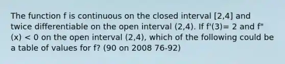 The function f is continuous on the closed interval [2,4] and twice differentiable on the open interval (2,4). If f'(3)= 2 and f"(x) < 0 on the open interval (2,4), which of the following could be a table of values for f? (90 on 2008 76-92)