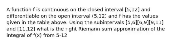 A function f is continuous on the closed interval [5,12] and differentiable on the open interval (5,12) and f has the values given in the table above. Using the subintervals [5,6][6,9][9,11] and [11,12] what is the right Riemann sum approximation of the integral of f(x) from 5-12