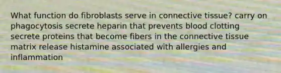 What function do fibroblasts serve in <a href='https://www.questionai.com/knowledge/kYDr0DHyc8-connective-tissue' class='anchor-knowledge'>connective tissue</a>? carry on phagocytosis secrete heparin that prevents blood clotting secrete proteins that become fibers in the connective tissue matrix release histamine associated with allergies and inflammation