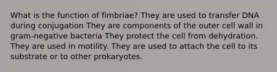 What is the function of fimbriae? They are used to transfer DNA during conjugation They are components of the outer cell wall in gram-negative bacteria They protect the cell from dehydration. They are used in motility. They are used to attach the cell to its substrate or to other prokaryotes.