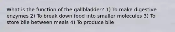 What is the function of the gallbladder? 1) To make digestive enzymes 2) To break down food into smaller molecules 3) To store bile between meals 4) To produce bile