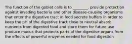 The function of the goblet cells is to ________. provide protection against invading bacteria and other disease-causing organisms that enter the digestive tract in food secrete buffers in order to keep the pH of the digestive tract close to neutral absorb nutrients from digested food and store them for future use produce mucus that protects parts of the digestive organs from the effects of powerful enzymes needed for food digestion