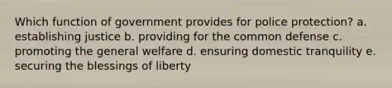 Which function of government provides for police protection? a. establishing justice b. providing for the common defense c. promoting the general welfare d. ensuring domestic tranquility e. securing the blessings of liberty