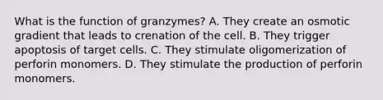 What is the function of granzymes? A. They create an osmotic gradient that leads to crenation of the cell. B. They trigger apoptosis of target cells. C. They stimulate oligomerization of perforin monomers. D. They stimulate the production of perforin monomers.