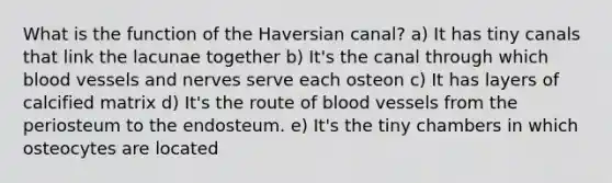 What is the function of the Haversian canal? a) It has tiny canals that link the lacunae together b) It's the canal through which blood vessels and nerves serve each osteon c) It has layers of calcified matrix d) It's the route of blood vessels from the periosteum to the endosteum. e) It's the tiny chambers in which osteocytes are located