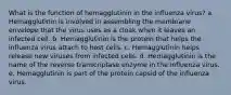 What is the function of hemagglutinin in the influenza virus? a. Hemagglutinin is involved in assembling the membrane envelope that the virus uses as a cloak when it leaves an infected cell. b. Hemagglutinin is the protein that helps the influenza virus attach to host cells. c. Hemagglutinin helps release new viruses from infected cells. d. Hemagglutinin is the name of the reverse transcriptase enzyme in the influenza virus. e. Hemagglutinin is part of the protein capsid of the influenza virus.