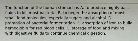 The function of the human stomach is A. to produce highly basic fluids to kill most bacteria. B. to begin the absorption of most small food molecules, especially sugars and alcohol. D. promotion of bacterial fermentation. E. absorption of iron to build hemoglobin for red blood cells. C. storage of food and mixing with digestive fluids to continue chemical digestion.