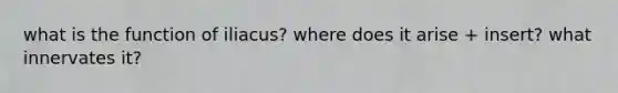 what is the function of iliacus? where does it arise + insert? what innervates it?