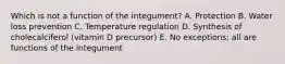 Which is not a function of the integument? A. Protection B. Water loss prevention C. Temperature regulation D. Synthesis of cholecalciferol (vitamin D precursor) E. No exceptions; all are functions of the integument