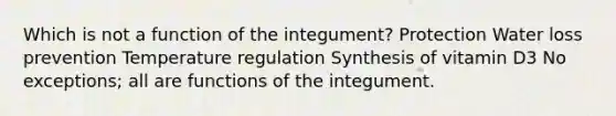 Which is not a function of the integument? Protection Water loss prevention Temperature regulation Synthesis of vitamin D3 No exceptions; all are functions of the integument.