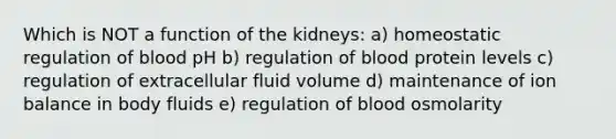 Which is NOT a function of the kidneys: a) homeostatic regulation of blood pH b) regulation of blood protein levels c) regulation of extracellular fluid volume d) maintenance of ion balance in body fluids e) regulation of blood osmolarity