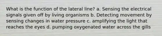 What is the function of the lateral line? a. Sensing the electrical signals given off by living organisms b. Detecting movement by sensing changes in water pressure c. amplifying the light that reaches the eyes d. pumping oxygenated water across the gills