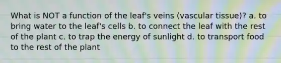 What is NOT a function of the leaf's veins (vascular tissue)? a. to bring water to the leaf's cells b. to connect the leaf with the rest of the plant c. to trap the energy of sunlight d. to transport food to the rest of the plant