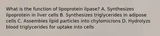 What is the function of lipoprotein lipase? A. Synthesizes lipoprotein in liver cells B. Synthesizes triglycerides in adipose cells C. Assembles lipid particles into chylomicrons D. Hydrolyzs blood triglycerides for uptake into cells