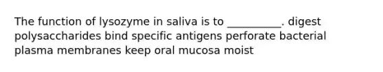 The function of lysozyme in saliva is to __________. digest polysaccharides bind specific antigens perforate bacterial plasma membranes keep oral mucosa moist