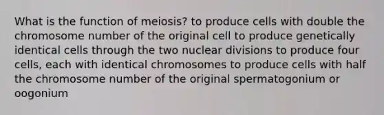 What is the function of meiosis? to produce cells with double the chromosome number of the original cell to produce genetically identical cells through the two nuclear divisions to produce four cells, each with identical chromosomes to produce cells with half the chromosome number of the original spermatogonium or oogonium