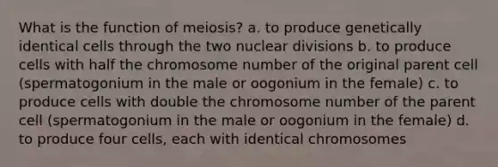 What is the function of meiosis? a. to produce genetically identical cells through the two nuclear divisions b. to produce cells with half the chromosome number of the original parent cell (spermatogonium in the male or oogonium in the female) c. to produce cells with double the chromosome number of the parent cell (spermatogonium in the male or oogonium in the female) d. to produce four cells, each with identical chromosomes