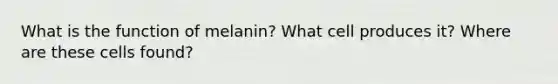 What is the function of melanin? What cell produces it? Where are these cells found?