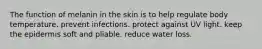 The function of melanin in the skin is to help regulate body temperature. prevent infections. protect against UV light. keep the epidermis soft and pliable. reduce water loss.