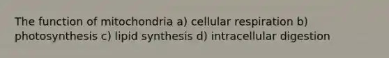 The function of mitochondria a) cellular respiration b) photosynthesis c) lipid synthesis d) intracellular digestion