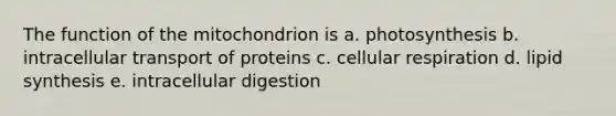 The function of the mitochondrion is a. photosynthesis b. intracellular transport of proteins c. cellular respiration d. lipid synthesis e. intracellular digestion